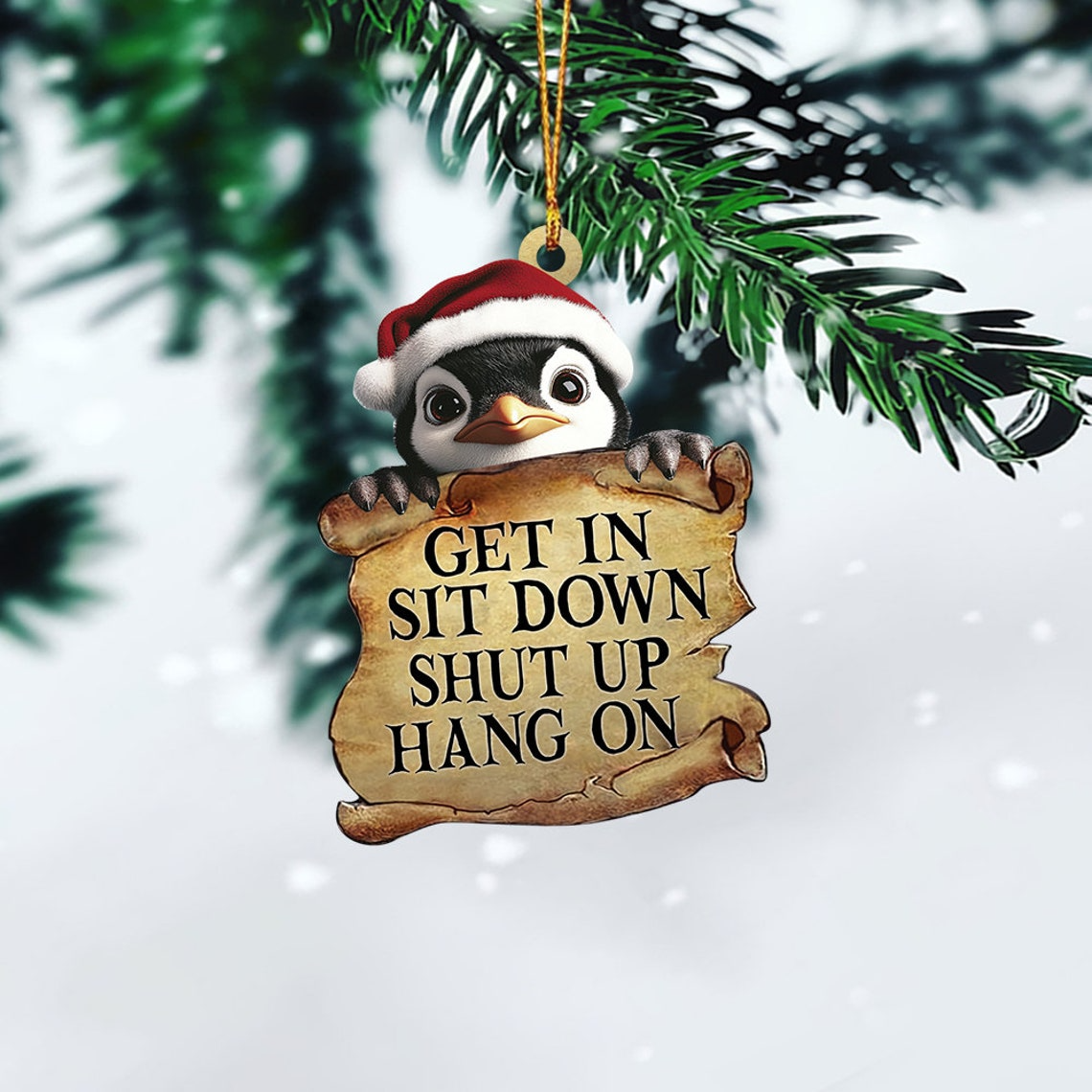 Penguin Get In Sit Down Shut Up Hang On Ornament, Penguin Flat Car Hanging Ornament Decor