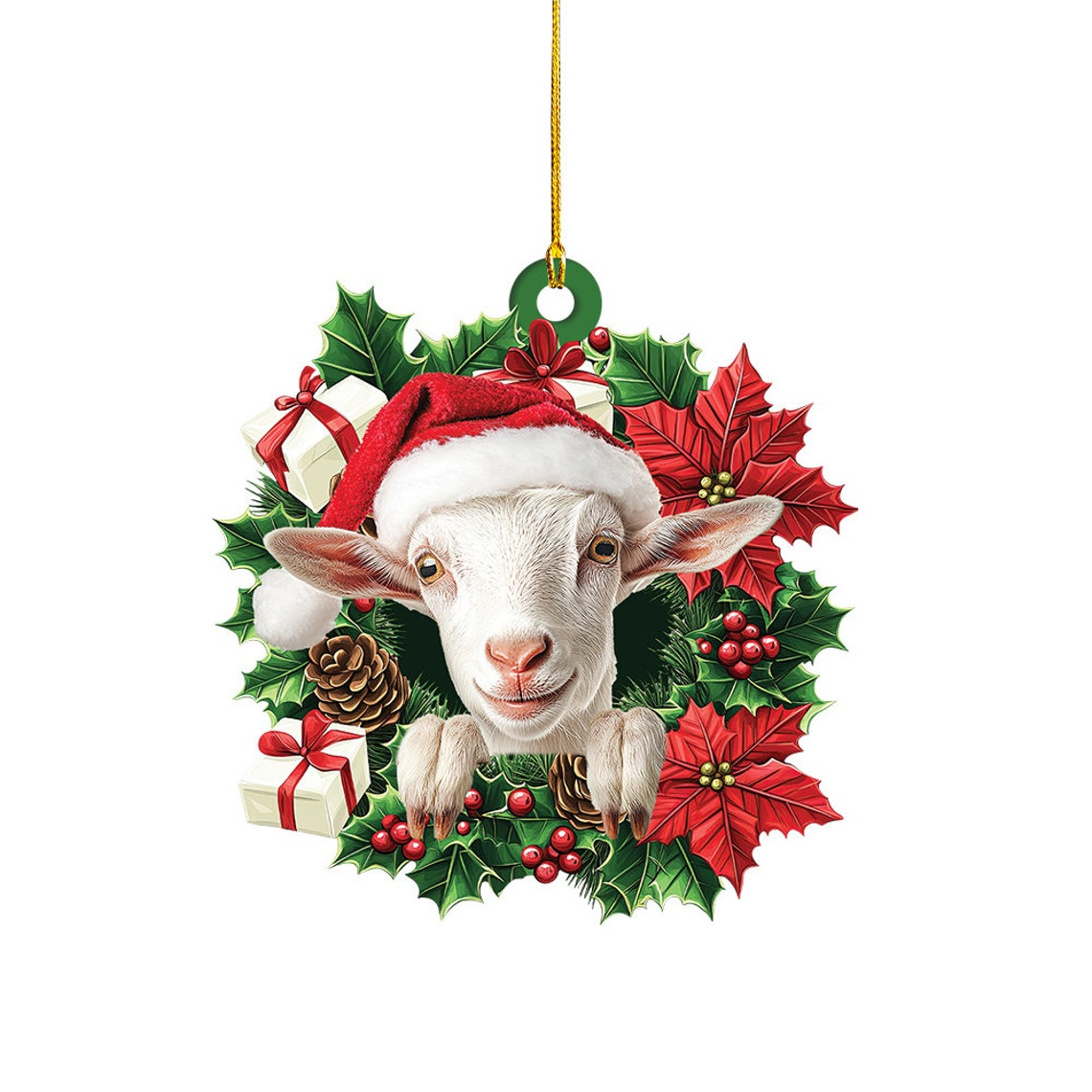 Cute White Goat Christmas Wreath Ornament, Ornament Goat Christmas Tree Lovers Holiday Gift