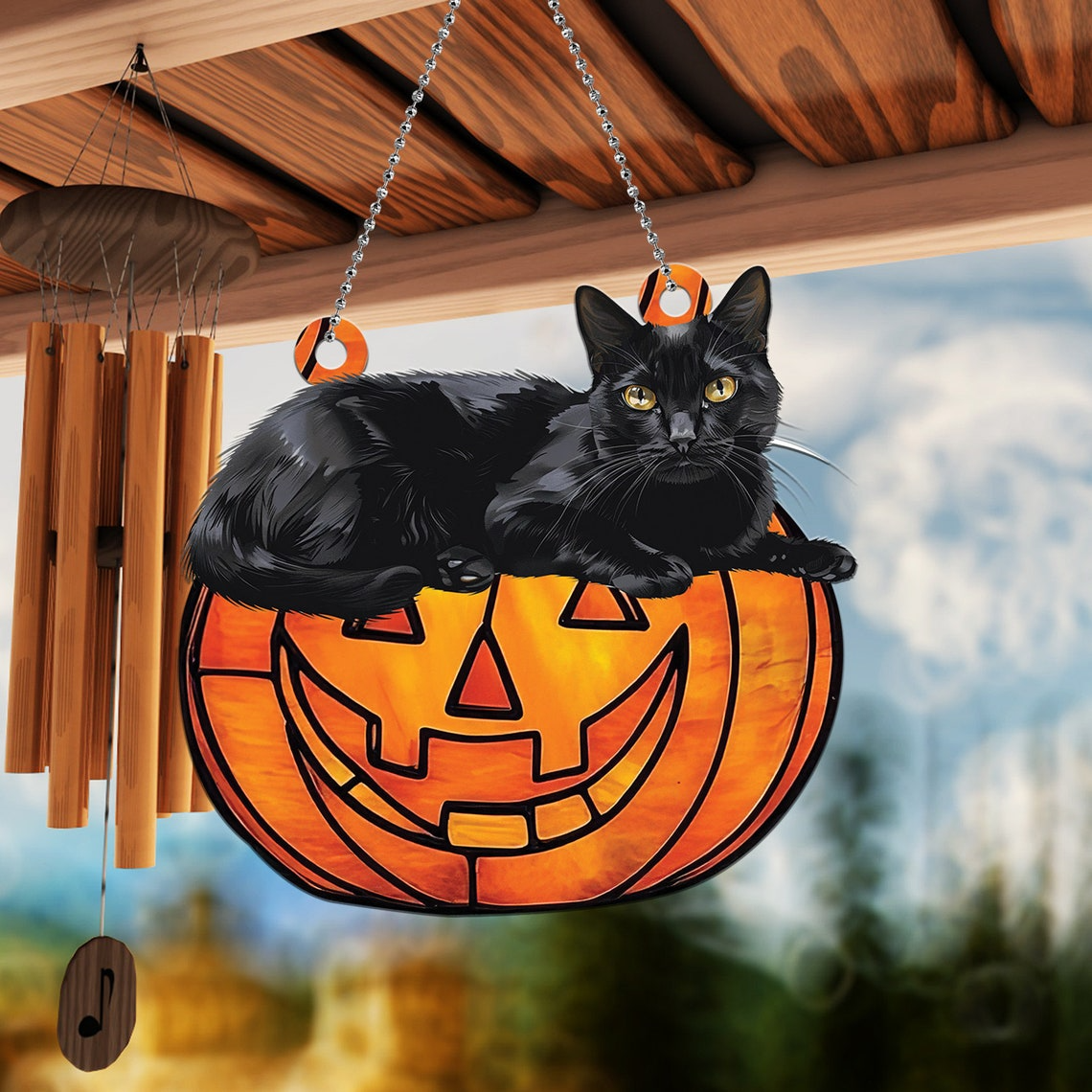 Black Cat Pumpkin Halloween Window Hanging Suncatcher, Cat Pumpkin Ornament Decor