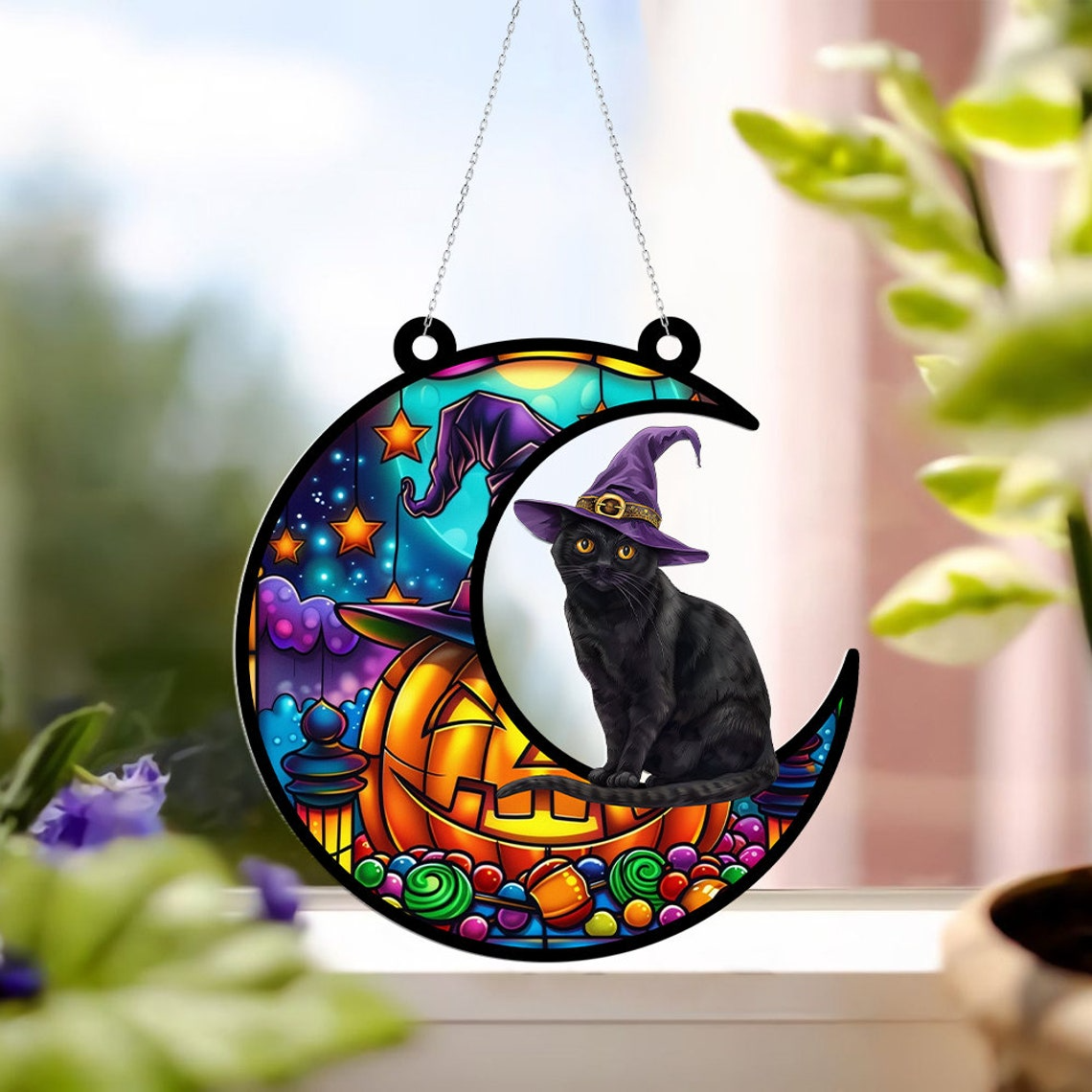 Cat Halloween Moon Pumpkin Hanging Suncatcher, Halloween Cat Pumpkin Ornament