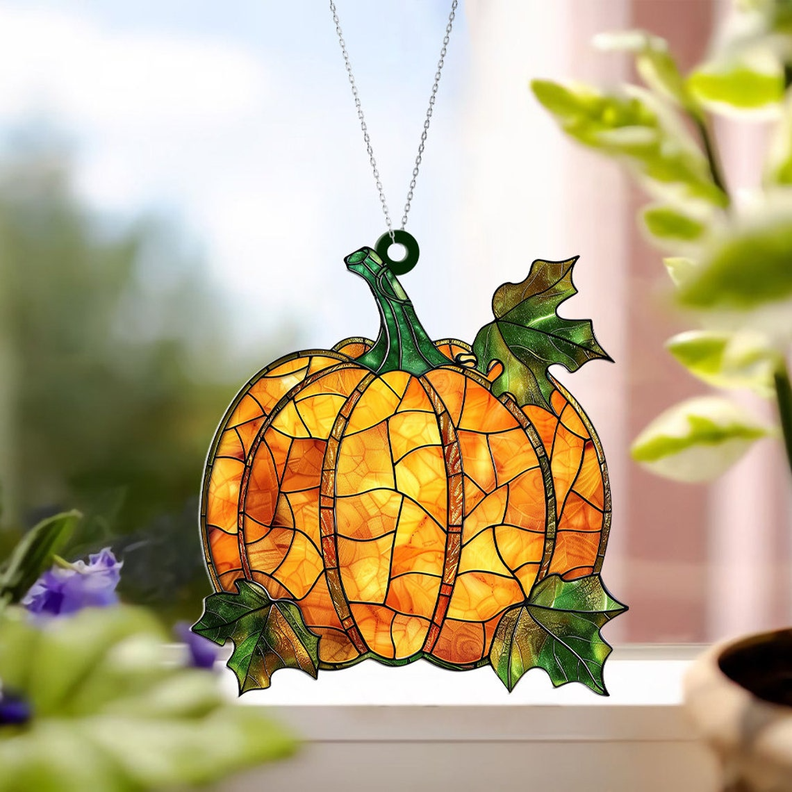 Pumpkin Stained Glass Ornament, Pumpkin Fall Hanging Window Ornament