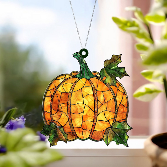 Pumpkin Stained Glass Ornament, Pumpkin Fall Hanging Window Ornament