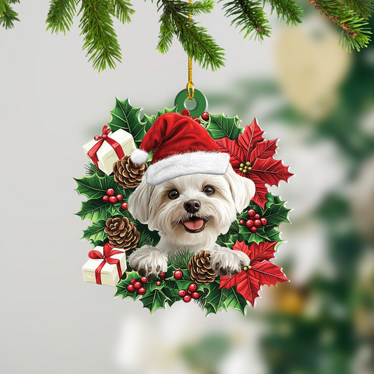 Maltese Dog Christmas Wreath Ornament, Baby Maltese Dog Funny Christmas Ornament Decor