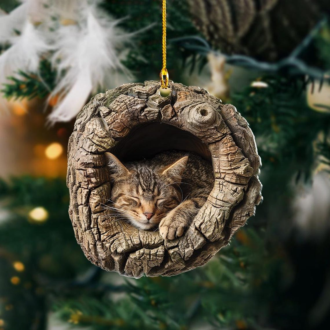 Cat Sleeping in a Hollow Tree Christmas Ornament, Cat Rearview Mirror Car Ornament