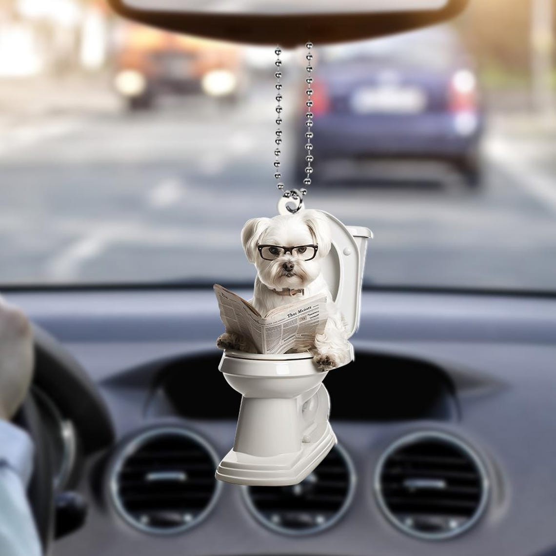 Funny Maltese Dog Sitting On Toilet Ornament, Cute Dog Reading Newspaper Ornament Christmas