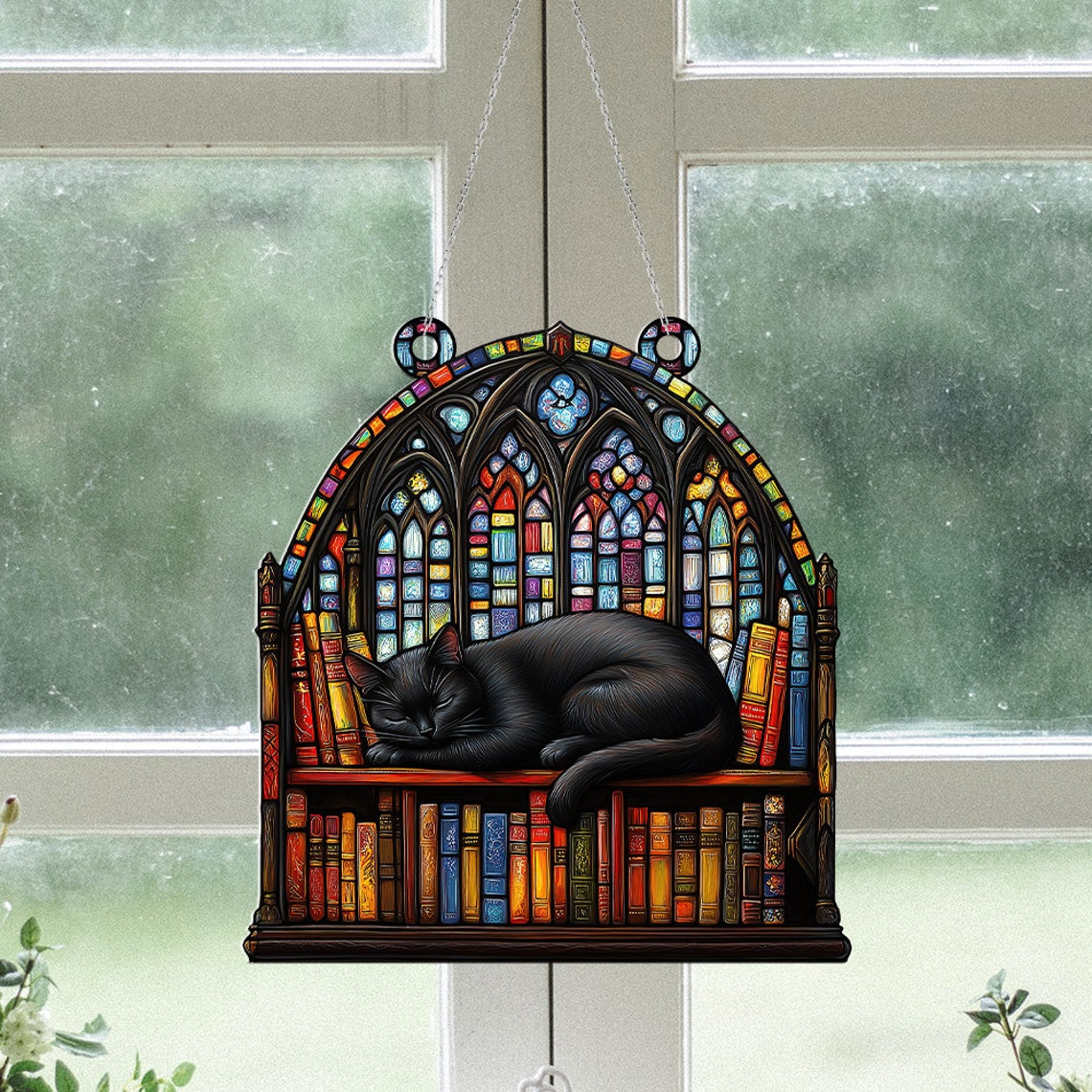 Cat Sleeping on Bookcase Suncatcher, Cat Sleeping on Books Hanging Window Decor