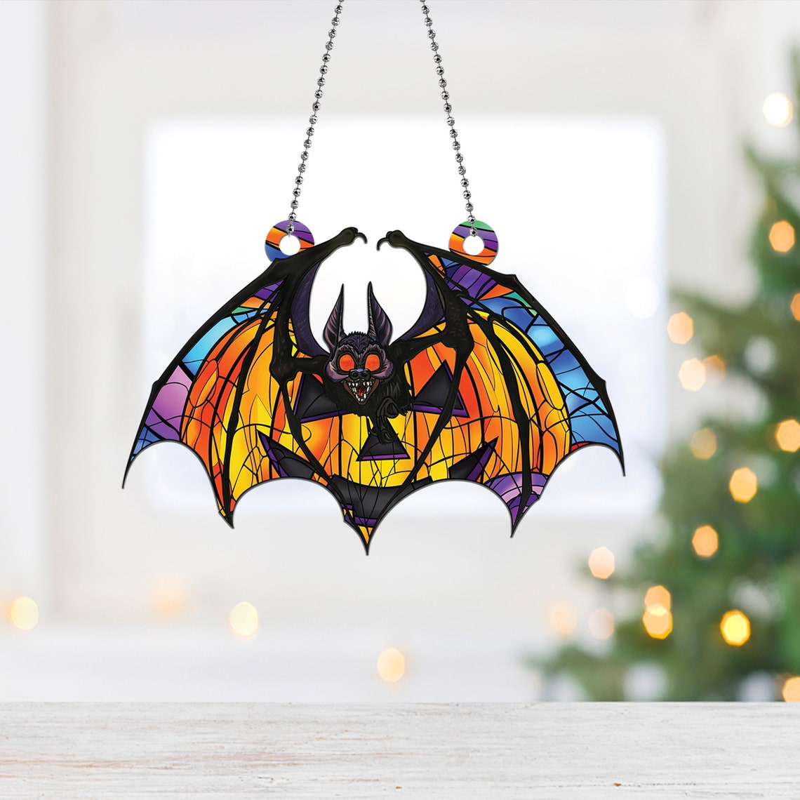 Bat Pumpkin Halloween Hanging Suncatcher Ornament, Halloween Bat Pumpkin Ornament Gift