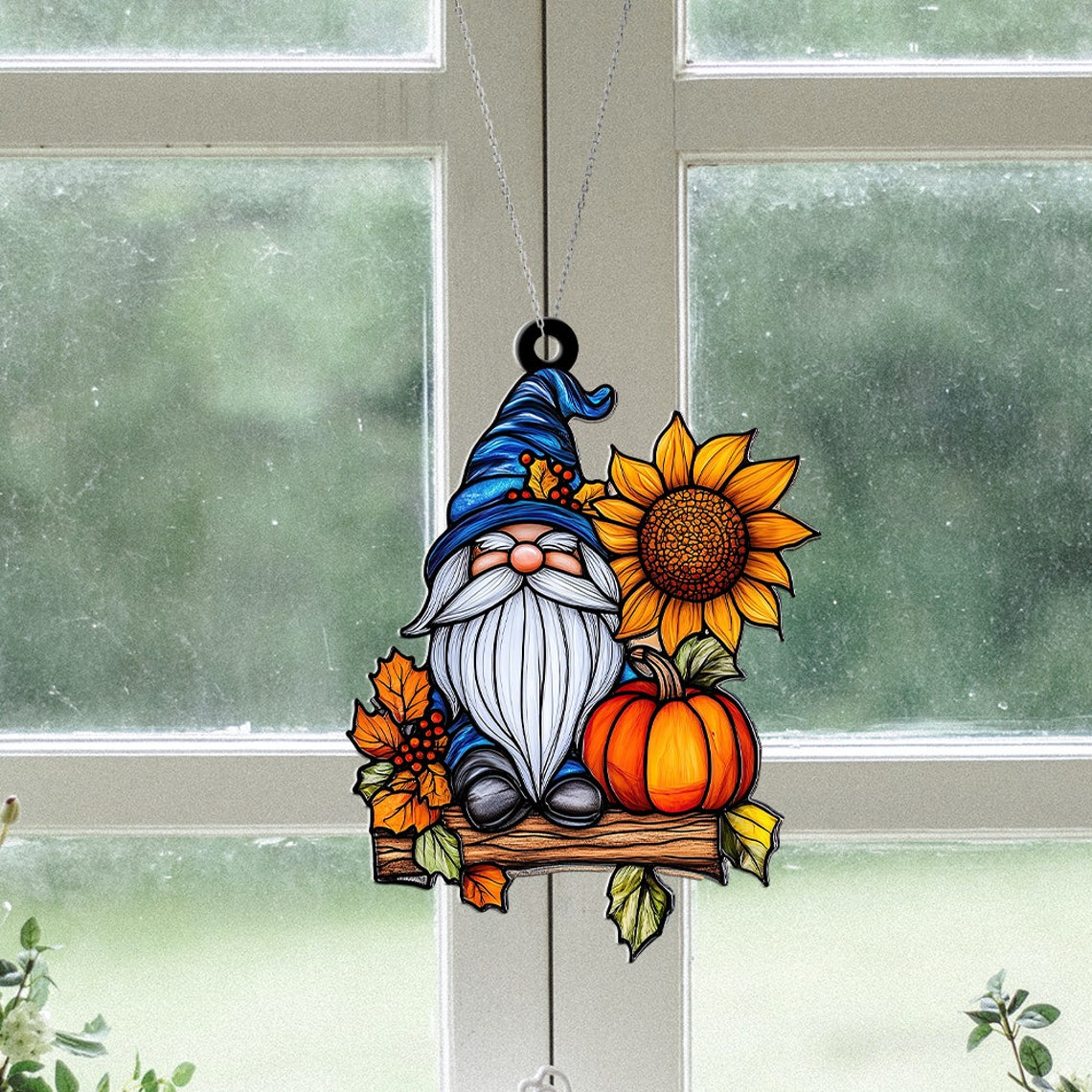 Gnome Sitting on a Pumpkin Log Suncatcher, Gnome Pumpkin Hanging Ornament Home Decor