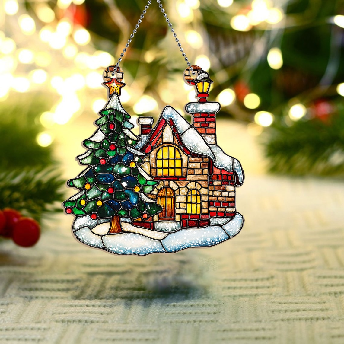 Christmas Tree with House Suncatcher, Christmas Tree with House Window Hanging Decor