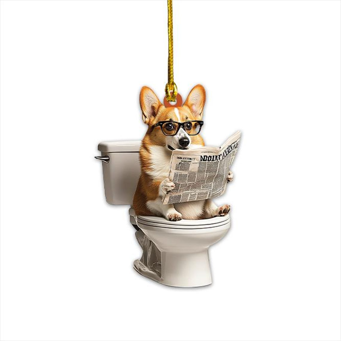 Pembroke Welsh Corgi Dog Sitting On Toilet Ornament, Corgi Dog Reading Newspaper Decor Gift