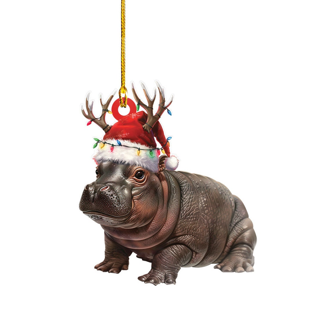 Cute Baby Hippo Moo Deng Flat Christmas Ornament, Pygmy Hippo Wearing Hat Santa Christmas Ornament