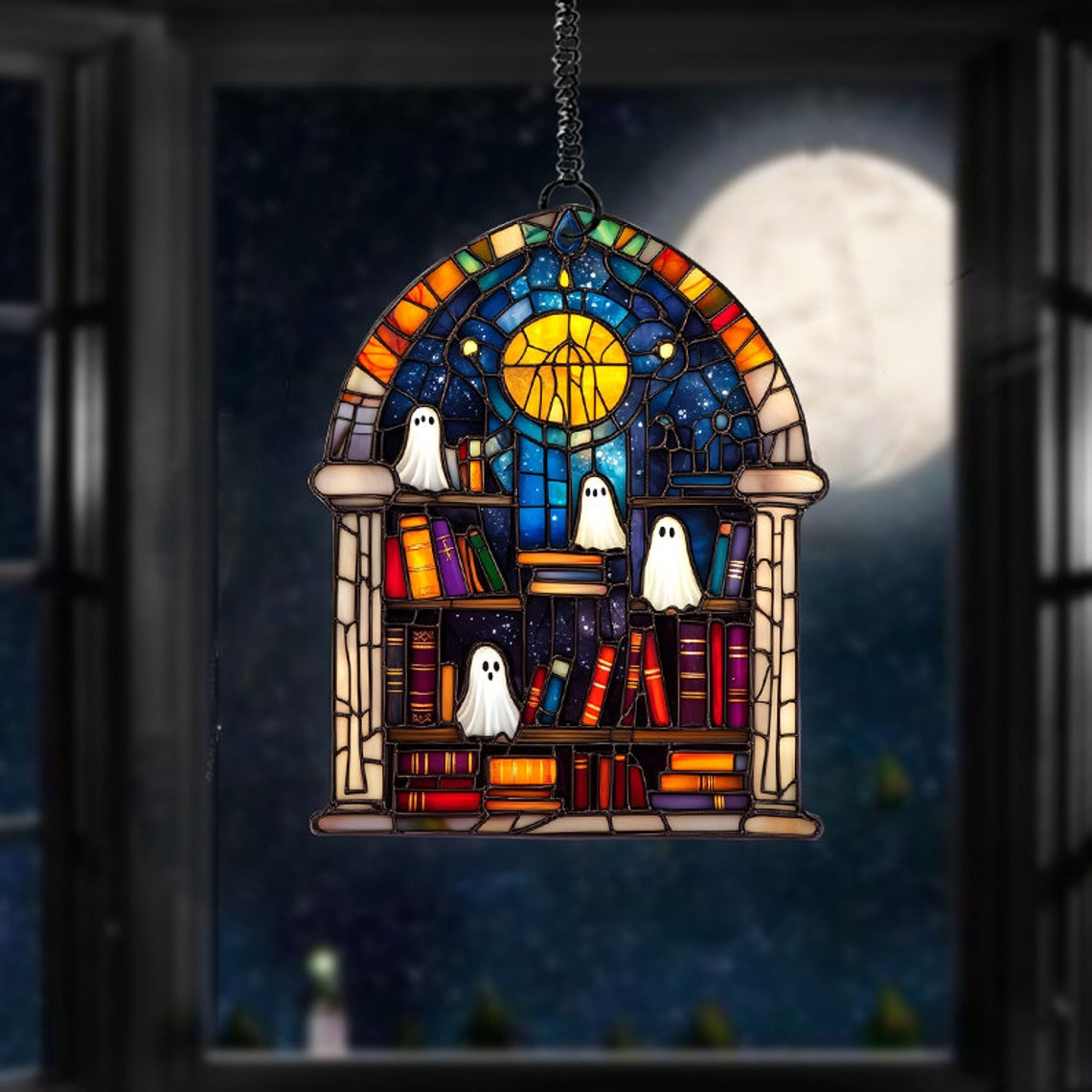 Cute Ghosts in Bookcase in the Library Suncatcher, Ghost Window Hanging Ornament