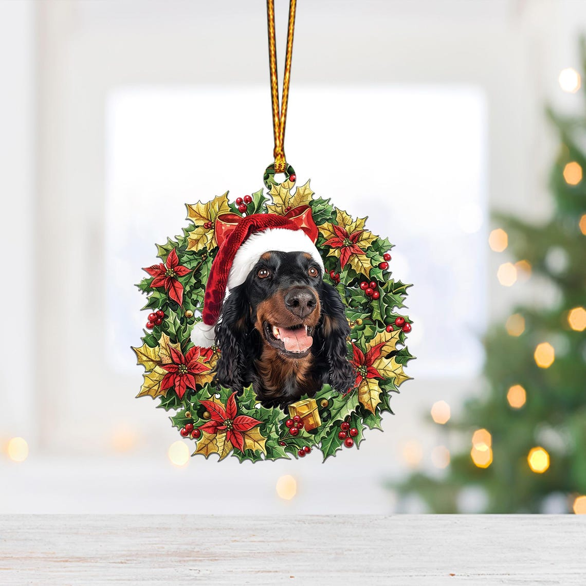 Gordon Setter and Christmas Wreath Ornament, Christmas Dog Hanging Ornament Decor Holiday