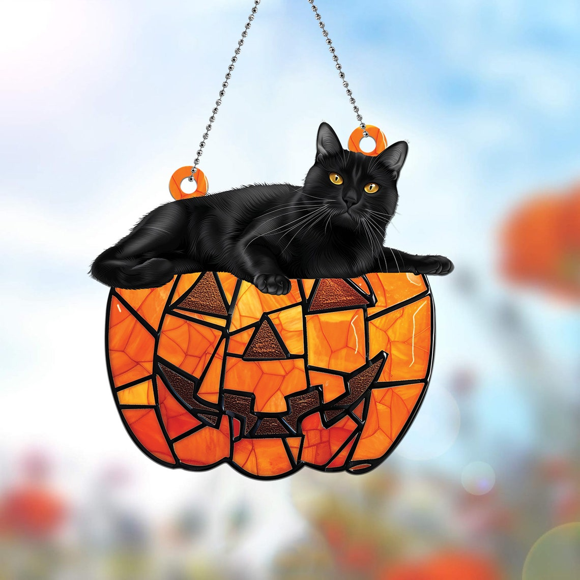 Black Cat Lying on the Pumpkin Halloween Hanging Suncatcher, Black Cat Pumpkin Ornament Decor