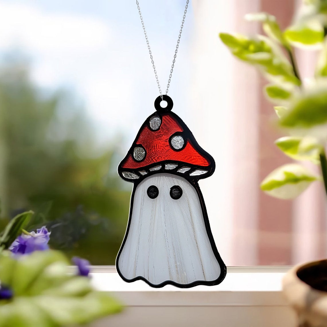 Cute Ghost With Mushroom Suncatcher, Halloween Vintage Ghost Ornament Decor