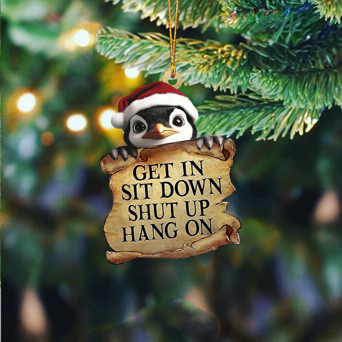 Penguin Get In Sit Down Shut Up Hang On Ornament, Penguin Flat Car Hanging Ornament Decor