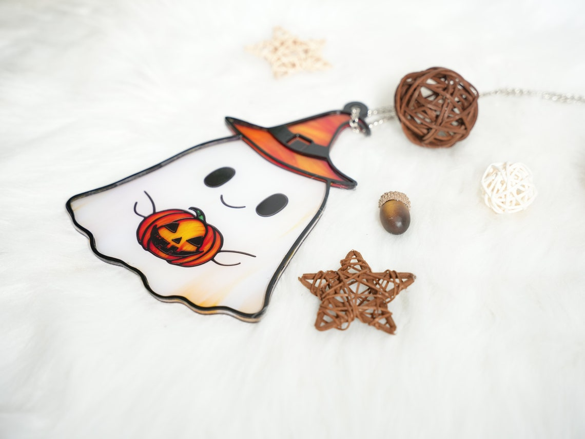 Cute Ghost with Pumpkin Halloween Suncatcher, Halloween Jack-o-lantern Ornament