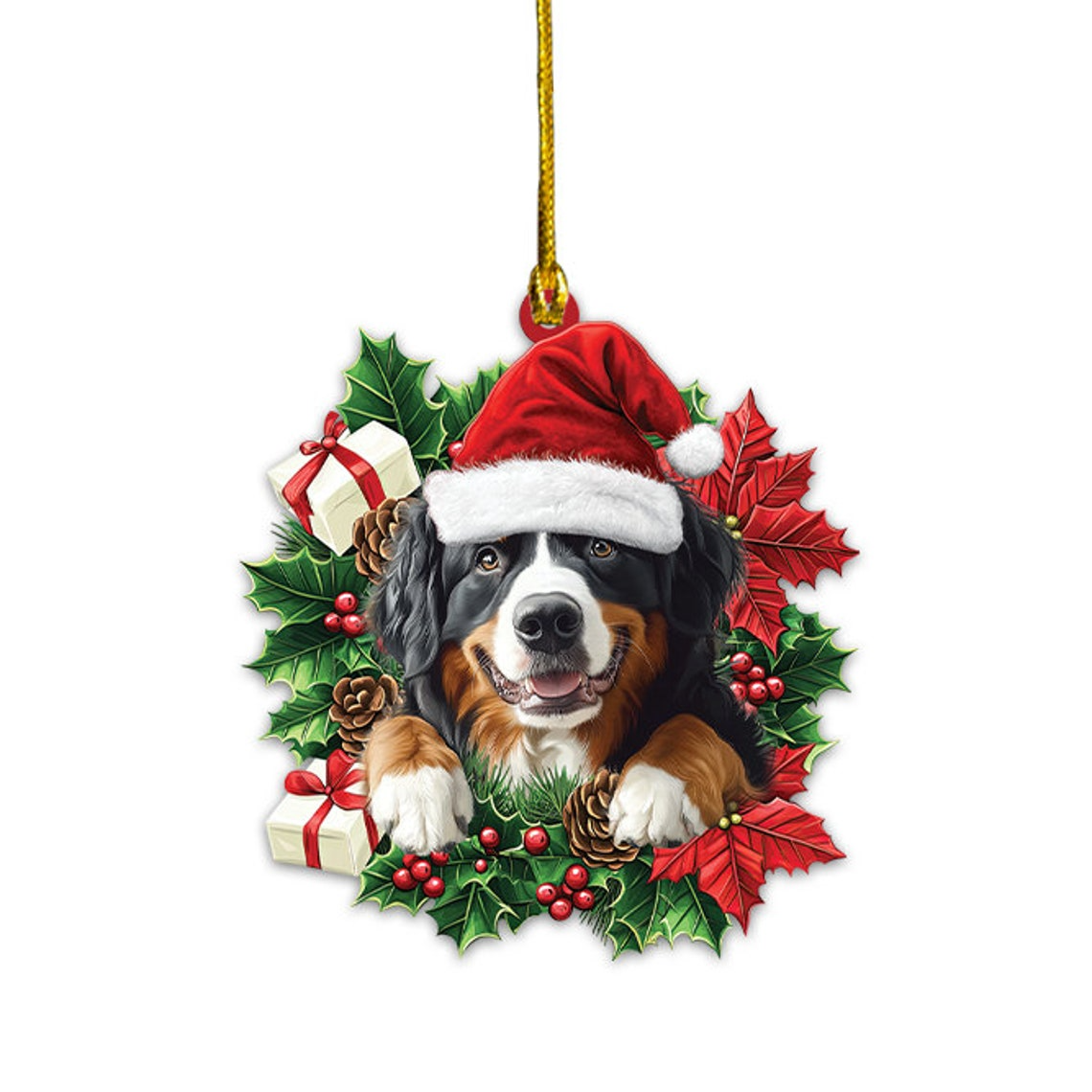 Bernese Mountain Dog Christmas Wreath Ornament, Cute Dog Hanging Christmas Ornament Decor Gift