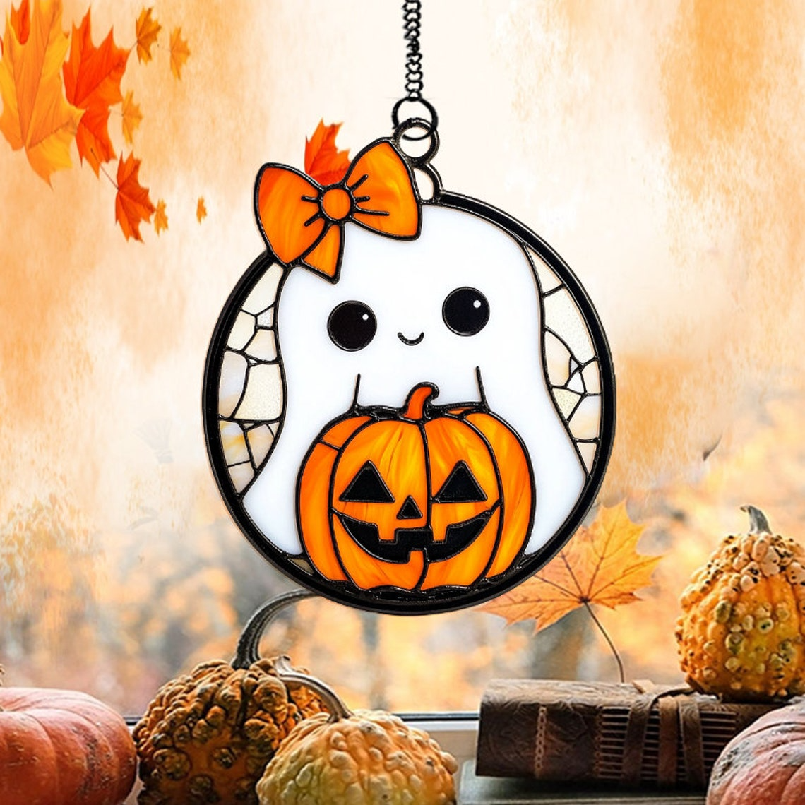 Cute Ghost Wearing Bow with Lantern Halloween Suncatcher, Cute Ghost Hanging Decor