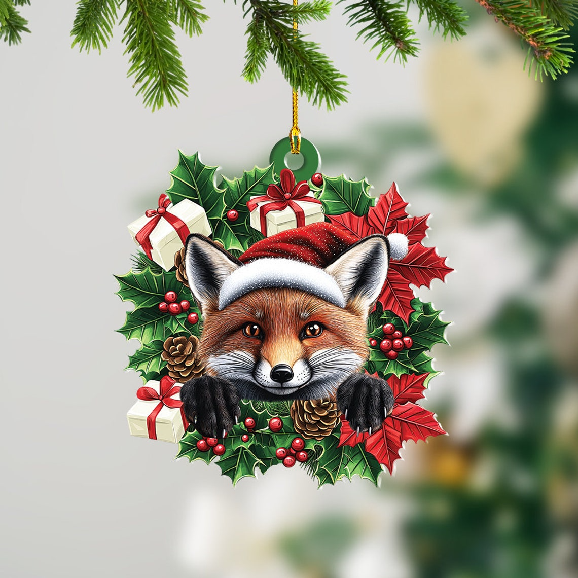 Lovely Fox Christmas Wreath Ornament, Fox Car Hanging Christmas Tree Ornament Decor Gift