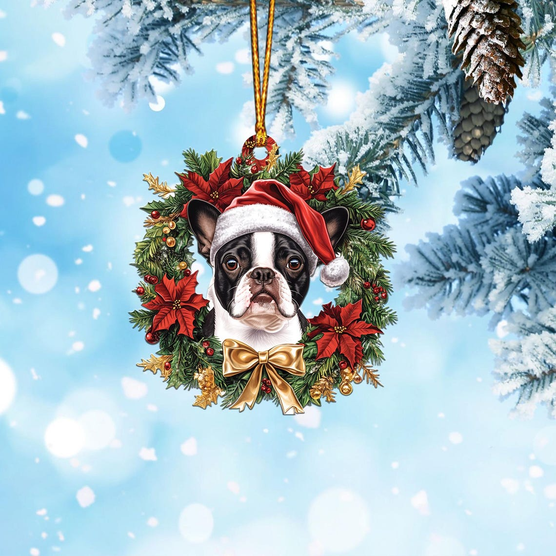 Boston Terrier Dog Christmas Wreath Ornament, Christmas Boston Terrier Tree Ornament Decro Gift