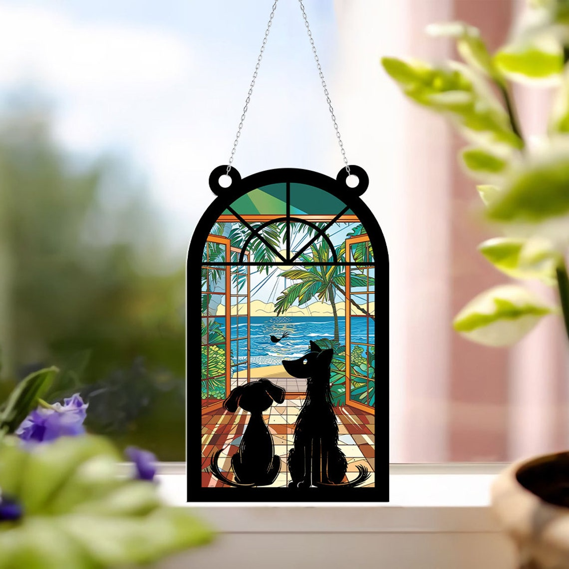 Cats and Dog Funny Suncatcher Ornament, Cats and Dog Window Hanging Ornament Decor