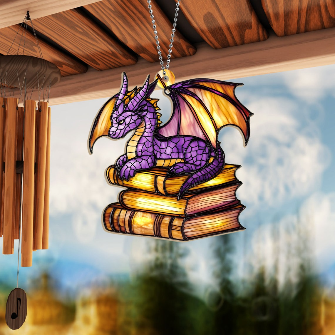 Book Dragon Purple Suncatcher Ornament, Fantasy Dragon Window Ornament