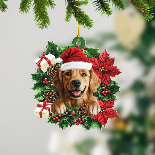 Golden Retriever Dog Christmas Wreath Ornament, Golden Retriever Dog Hanging Christmas Ornament