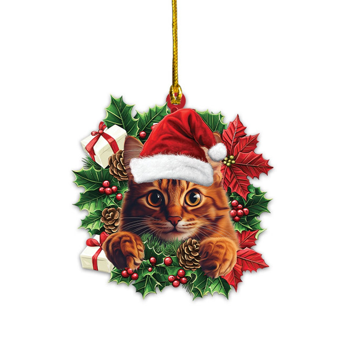 Somali Cat Hanging Christmas Wreath Ornament Decor, Somali Cat Christmas Ornament Holiday Gift