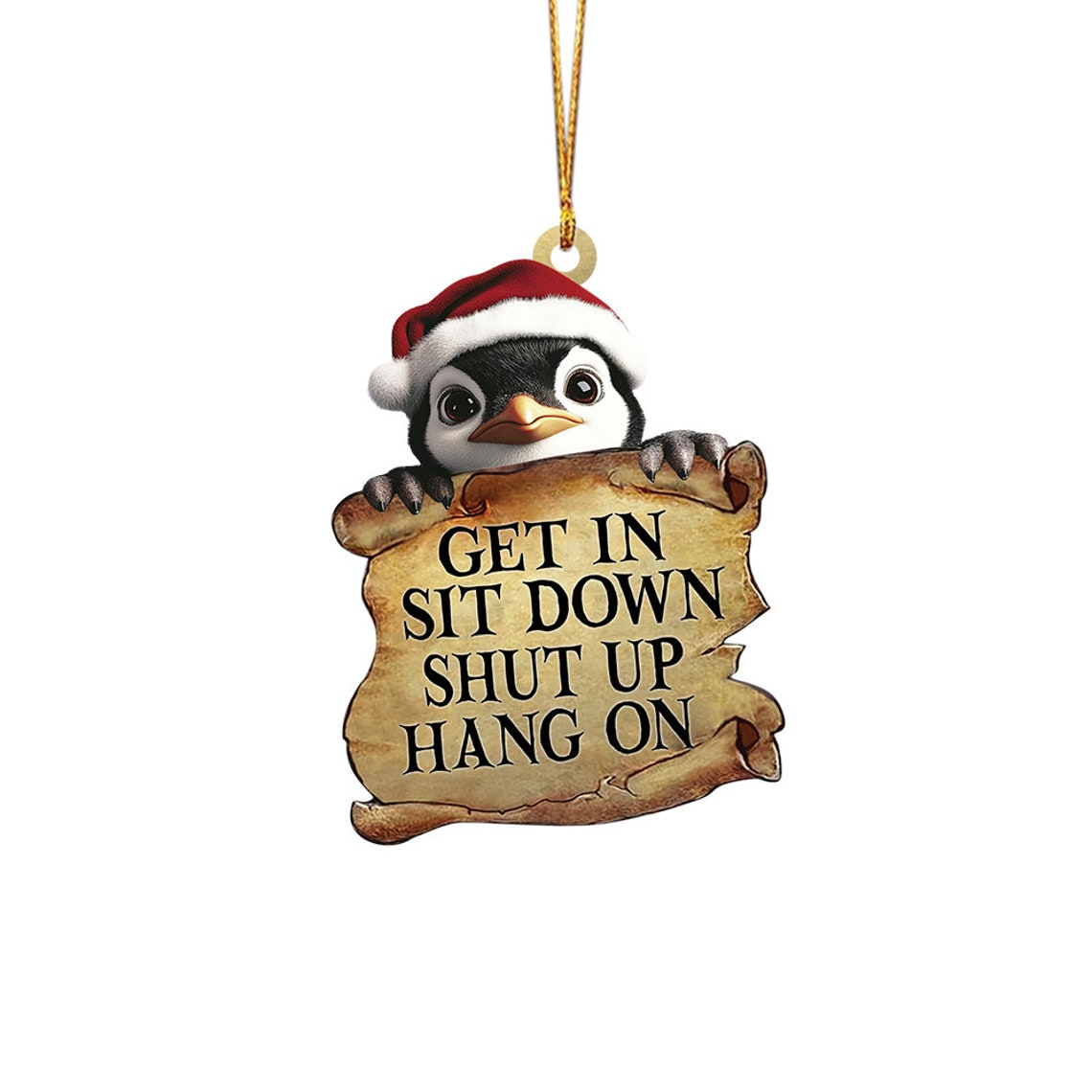 Penguin Get In Sit Down Shut Up Hang On Ornament, Penguin Flat Car Hanging Ornament Decor