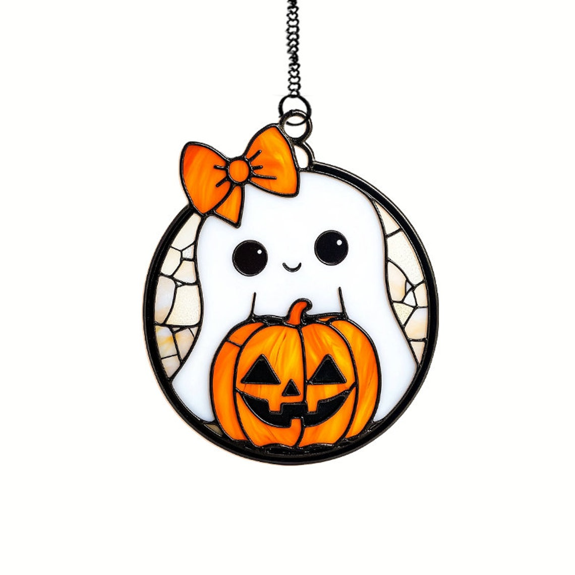 Cute Ghost Wearing Bow with Lantern Halloween Suncatcher, Cute Ghost Hanging Decor