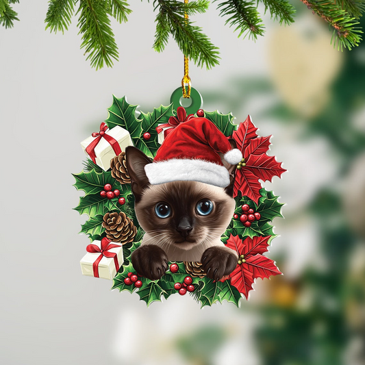 Siamese Cat Christmas Wreath Ornament, Cute Siamese Cat Car Hanging Ornament Decor