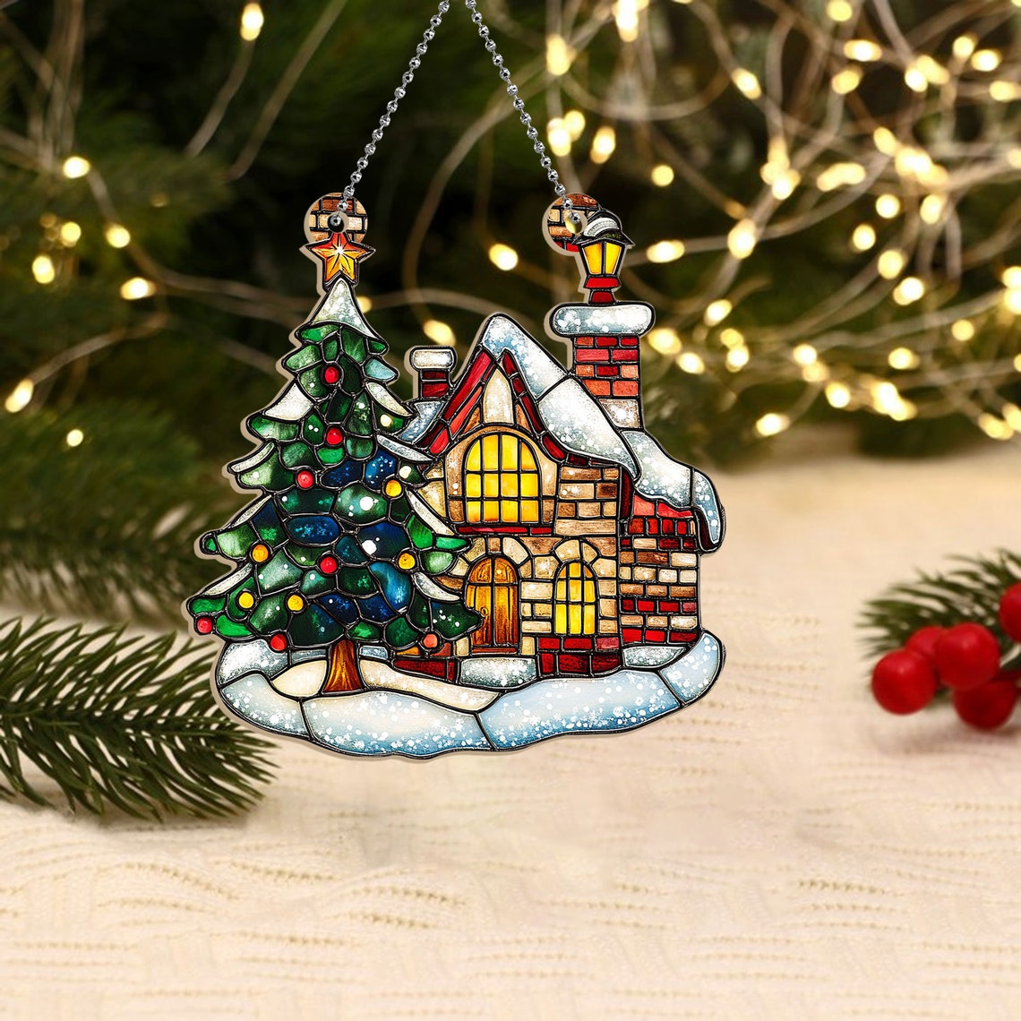 Christmas Tree with House Suncatcher, Christmas Tree with House Window Hanging Decor