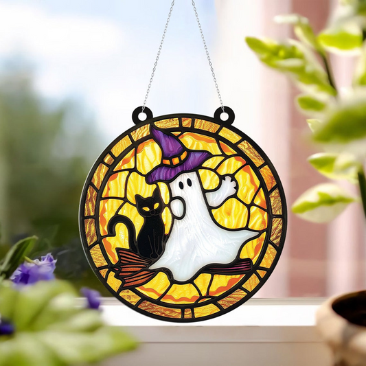 Black Cat & Witchy Ghost Halloween Suncatcher, Ghost Cat Hanging Window Ornament