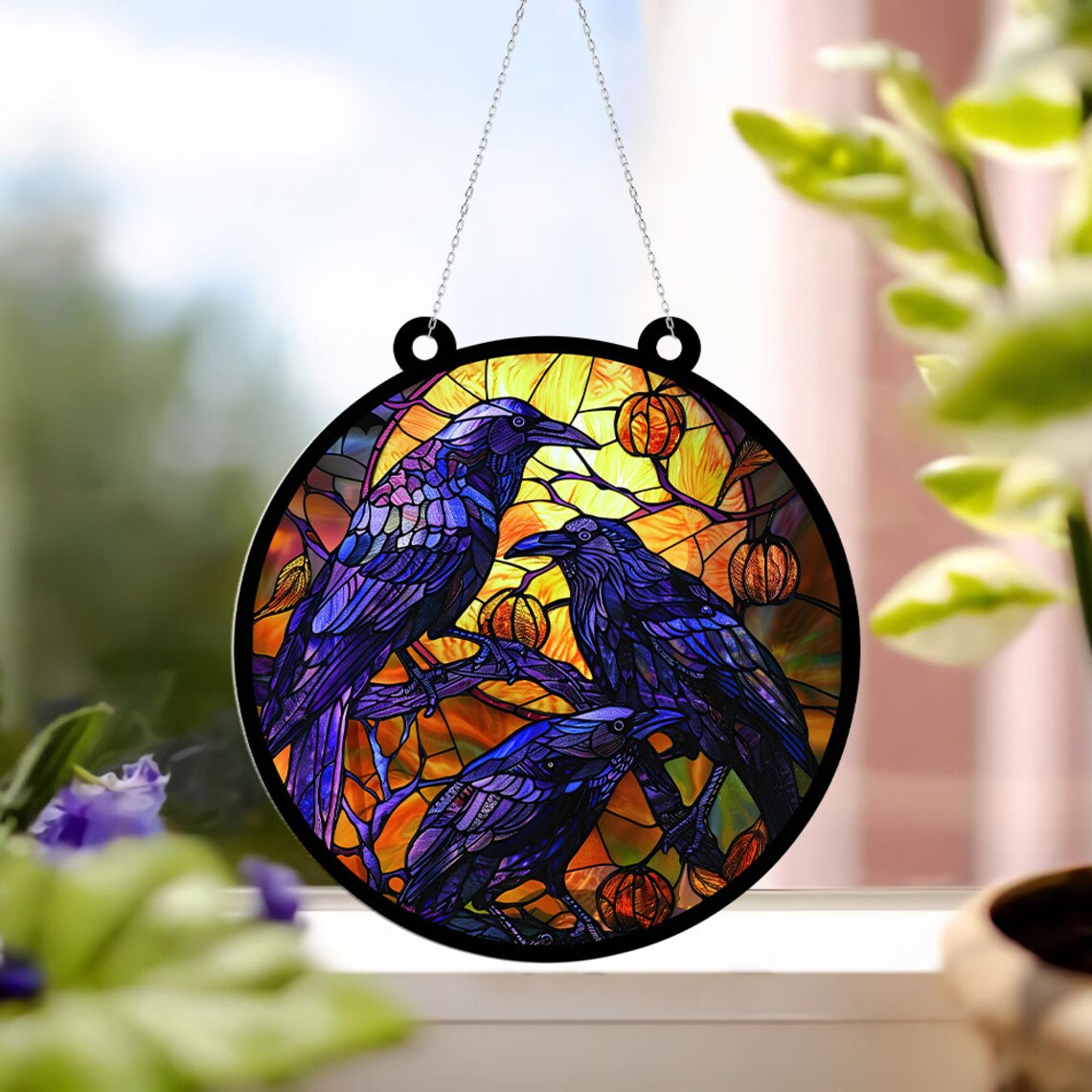 Moon Castle Bird Suncatcher Ornament, Halloween Moon Castle hanging Ornament Decor