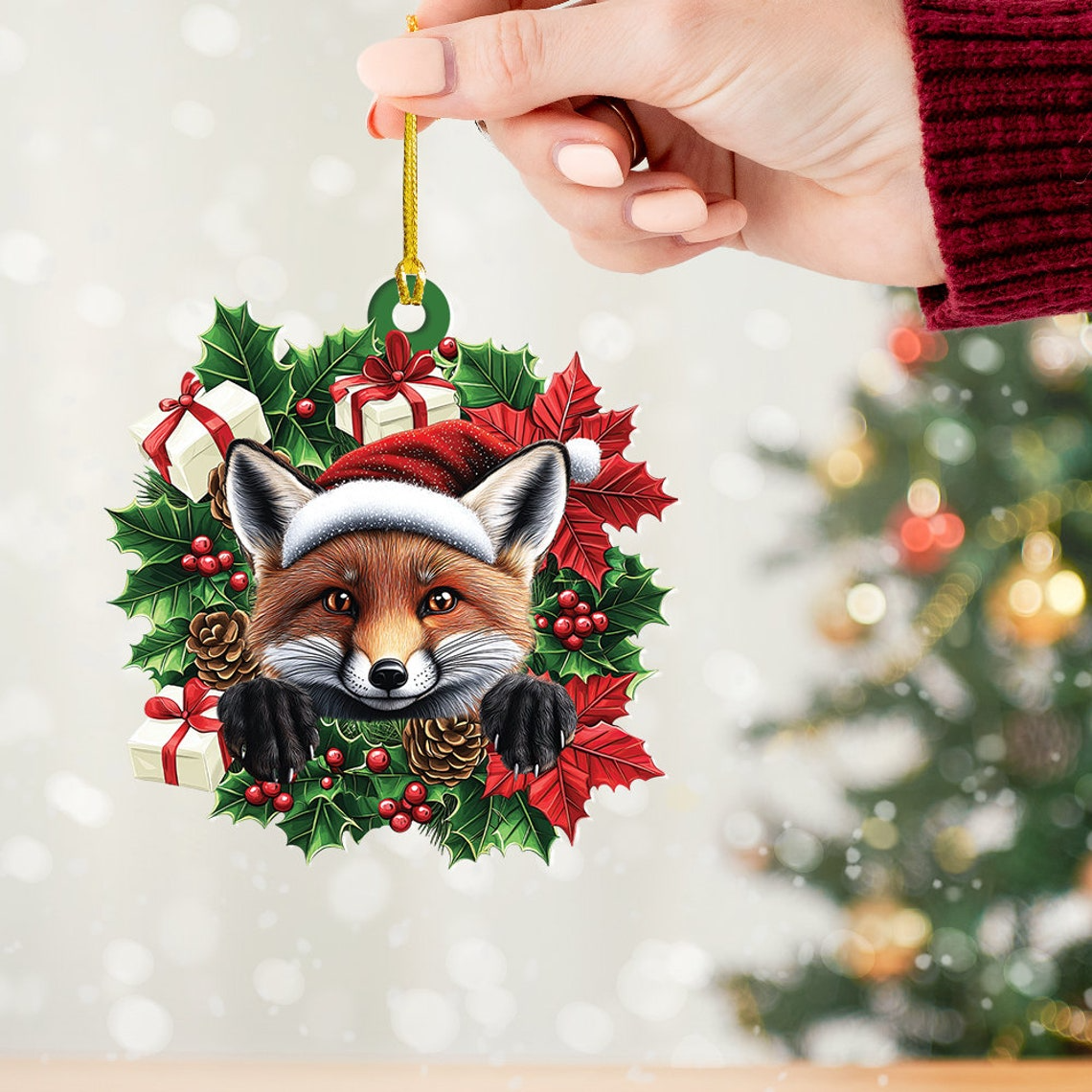 Lovely Fox Christmas Wreath Ornament, Fox Car Hanging Christmas Tree Ornament Decor Gift