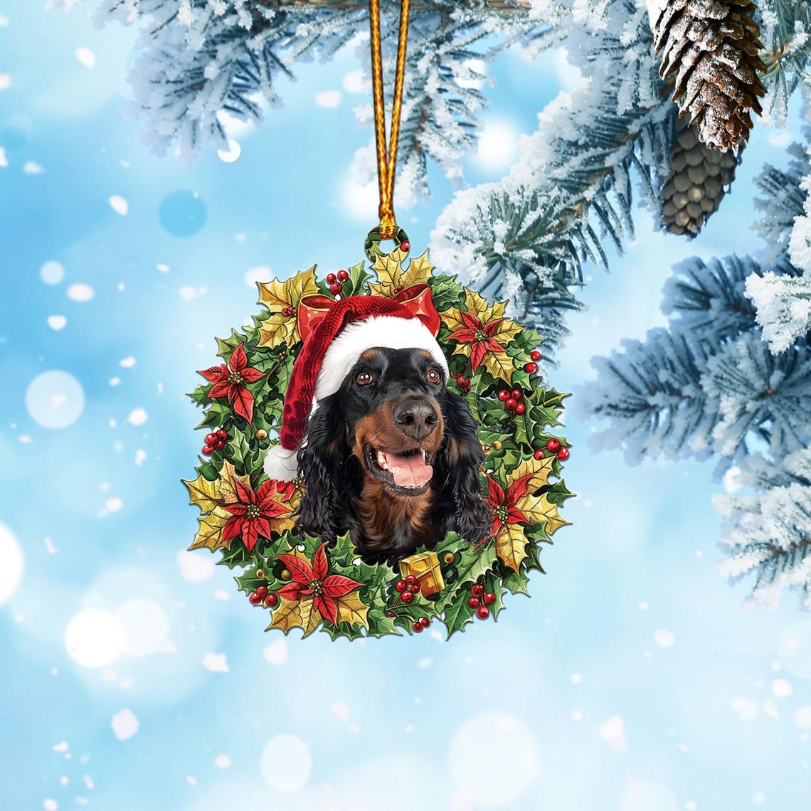 Gordon Setter and Christmas Wreath Ornament, Christmas Dog Hanging Ornament Decor Holiday