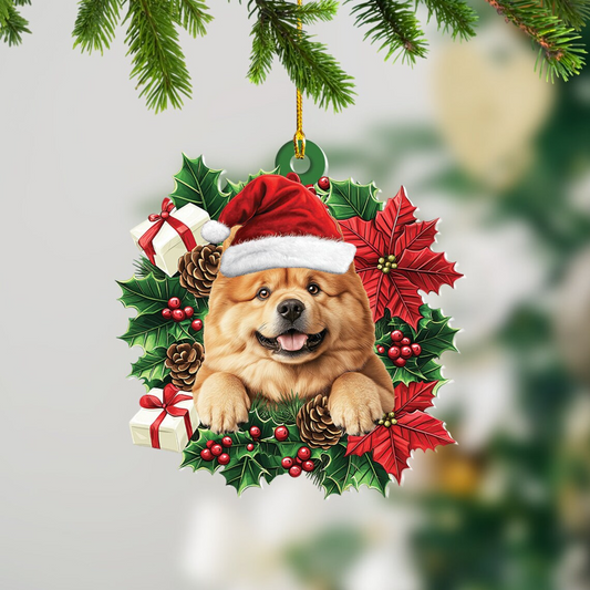 Chow Chow Dog Christmas Wreath Ornament, Chow Chow Dog Christmas Ornament Decor Holiday Gift