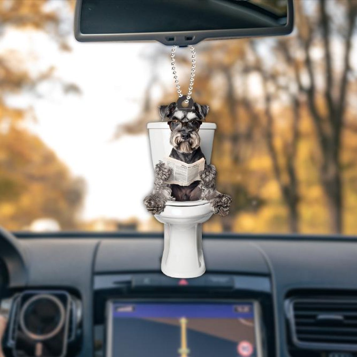 Miniature Schnauzer Dog Sitting On Toilet Ornament, Schnauzer Dog Reading Newspaper Ornament, Dog Car Christmas Gift