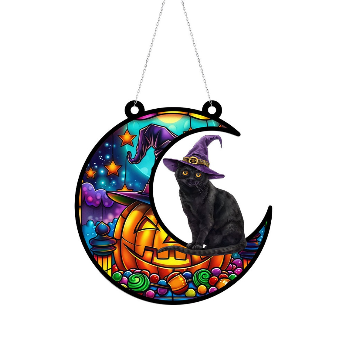 Cat Halloween Moon Pumpkin Hanging Suncatcher, Halloween Cat Pumpkin Ornament