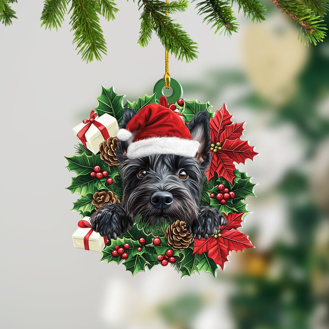 Scottish Terrier Dog Christmas Wreath Ornament, Cute Dog Christmas Ornament Decro Holiday Gift