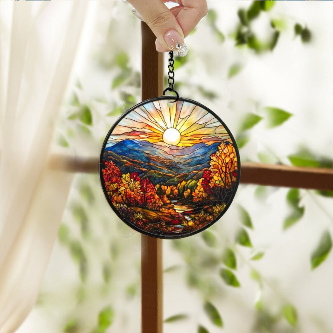 Smoky Mountains Hanging Suncatcher, Sunset Landscape Hanging Window Decor