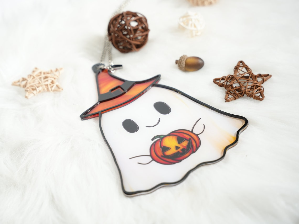 Cute Ghost with Pumpkin Halloween Suncatcher, Halloween Jack-o-lantern Ornament