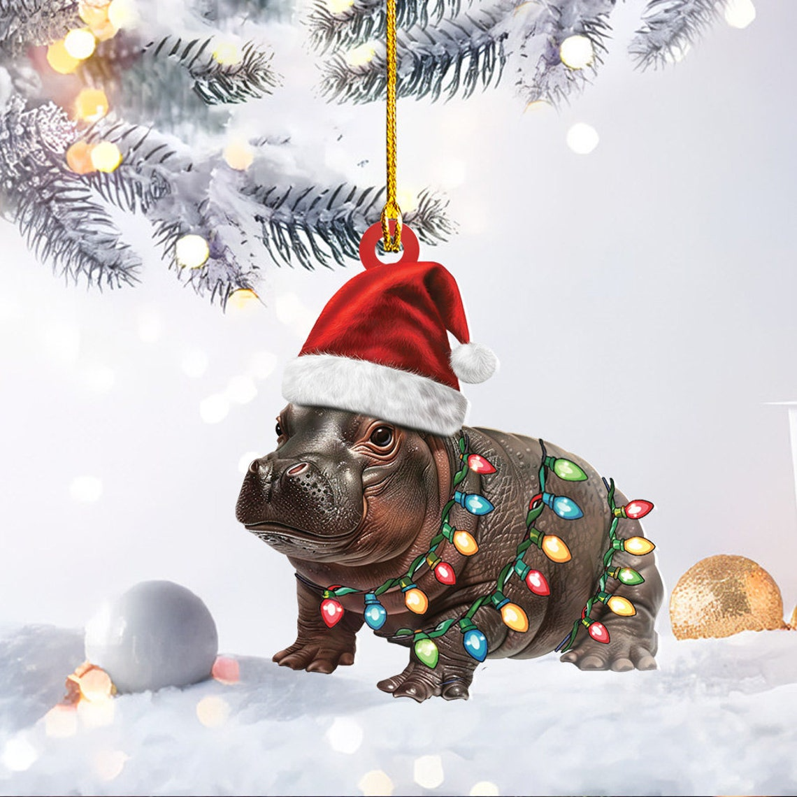 Baby Hippo Moo Deng Christmas Light Ornament, Christmas Pygmy Hippo Wearing Hat Santa Ornament