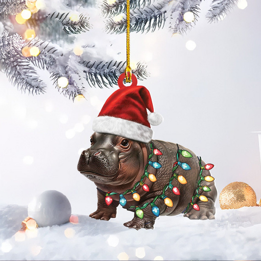 Baby Hippo Moo Deng Christmas Light Ornament, Christmas Pygmy Hippo Wearing Hat Santa Ornament