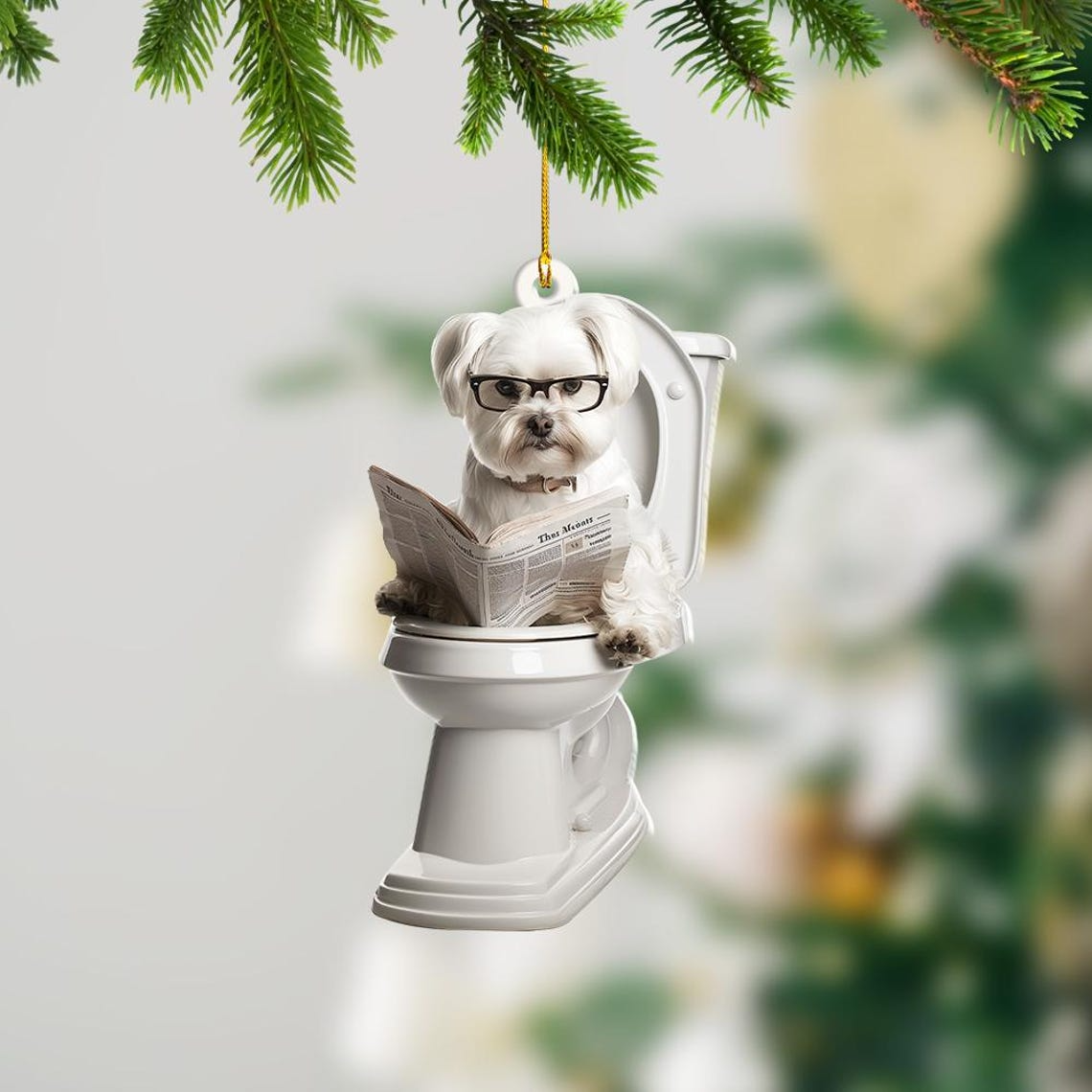 Funny Maltese Dog Sitting On Toilet Ornament, Cute Dog Reading Newspaper Ornament Christmas