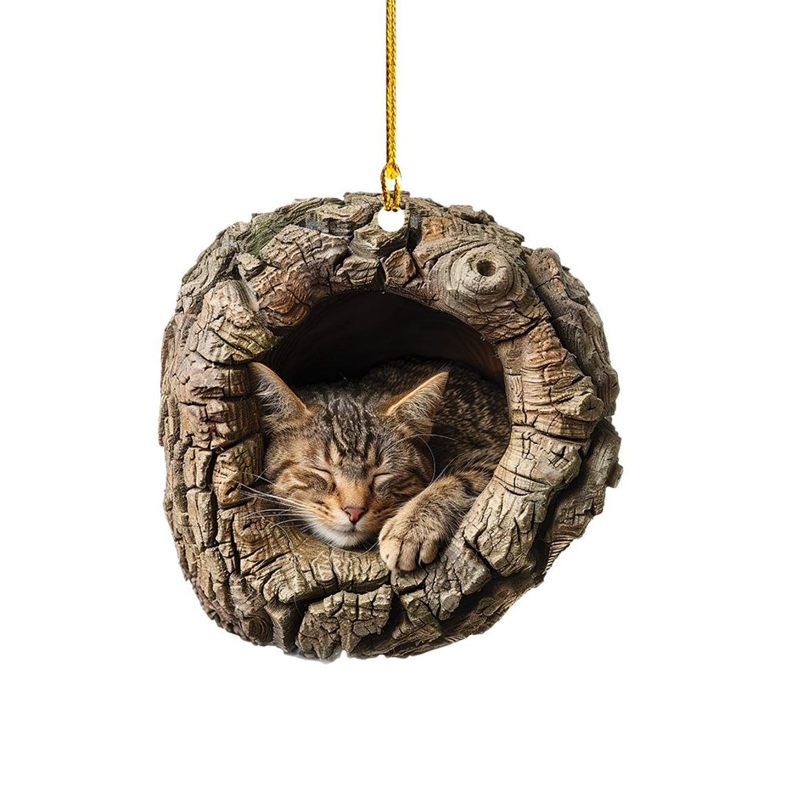 Cat Sleeping in a Hollow Tree Christmas Ornament, Cat Rearview Mirror Car Ornament