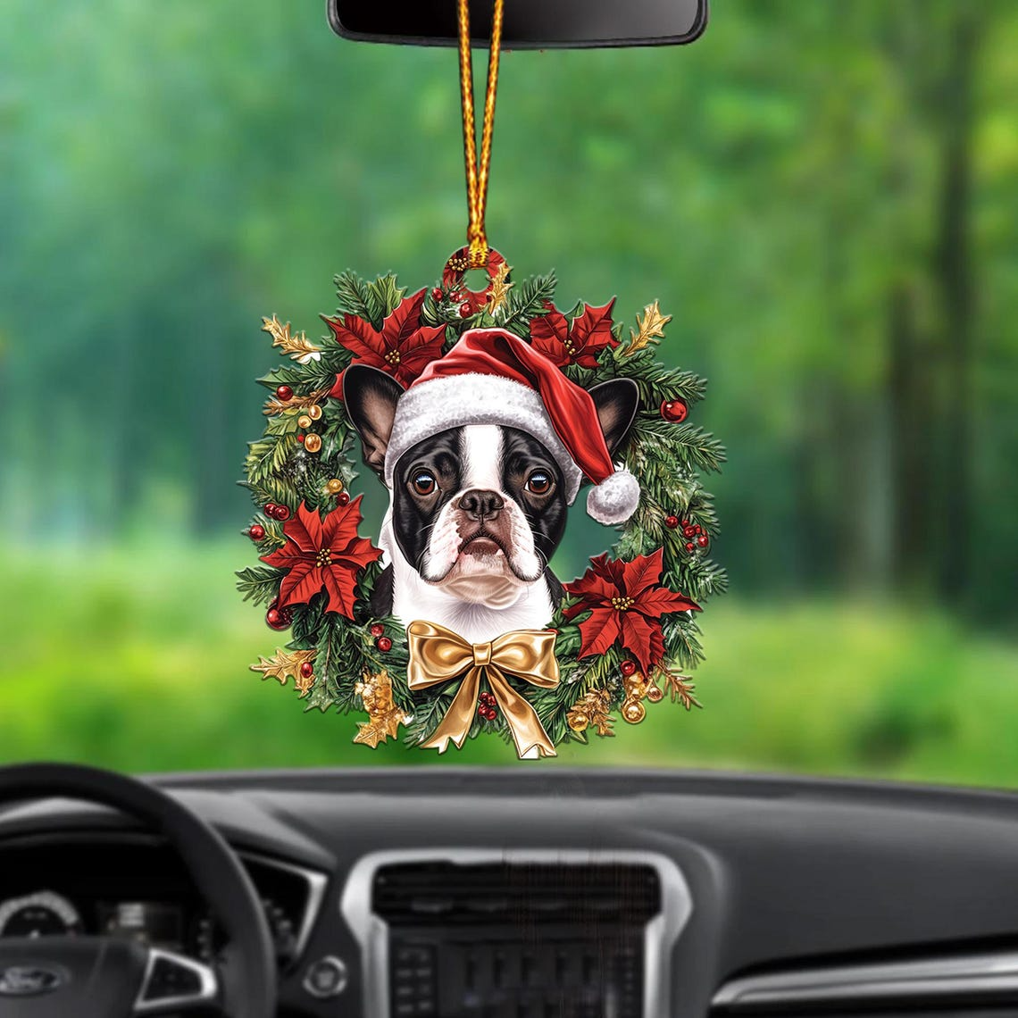 Boston Terrier Dog Christmas Wreath Ornament, Christmas Boston Terrier Tree Ornament Decro Gift