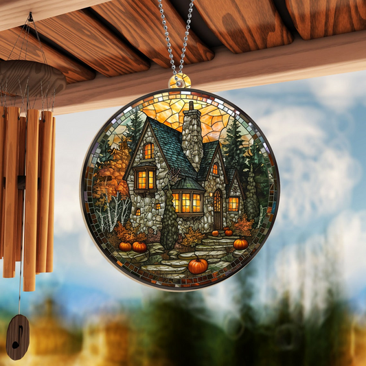 Wizard Castle with Pumpkin Suncatcher, Halloween Circle Suncatcher Ornament