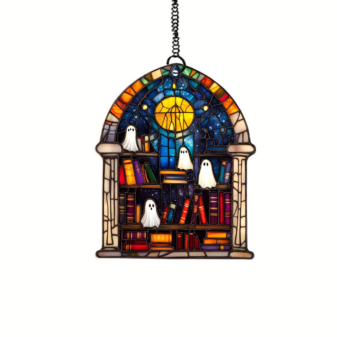 Cute Ghosts in Bookcase in the Library Suncatcher, Ghost Window Hanging Ornament